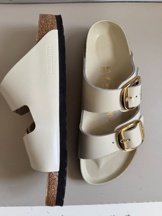 Birkenstock Shoes - BIRKENSTOCK BIG BUCKLE HIGH SHINE ECRU IVORY/WHITE LEATHER NARROW SZ 40 EU (US 9